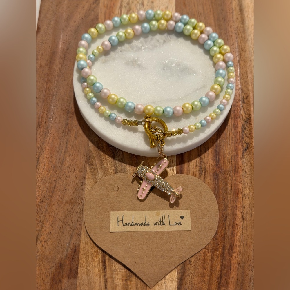 Handmade Pastel Beaded Necklace with Airplane Charm